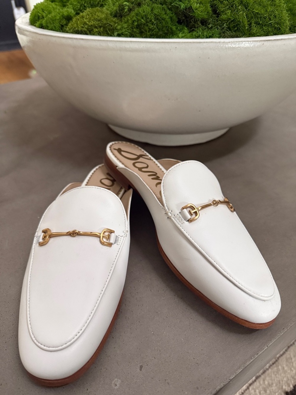 NWOT Sam Edelman white leather slip on mule with gold horse bit accent.